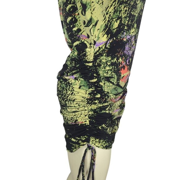 Julian Chang Abstract Art colorful Ruched Drawstring Mini Dress Dolman sleeves M - Picture 8 of 16